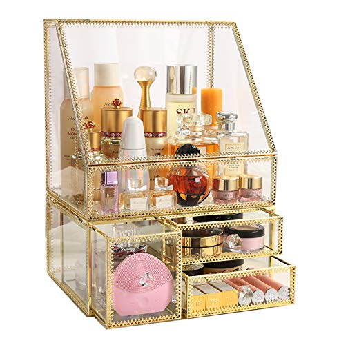 MOOCHI Golden Vintage Glass Cosmetic Makeup Organizer 3 Drawers Set...