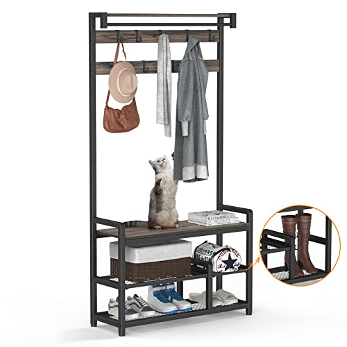 Mr IRONSTONE Coat Rack, Hall Tree with Shoe Bench 3-in-1 Entryway S...