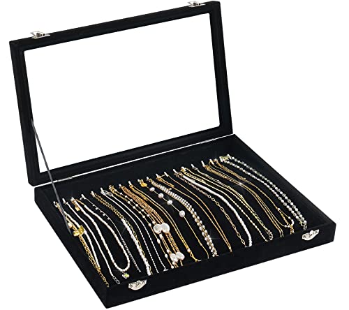 Necklace Organizer Box, Tray with Clear Lid, Dustproof Velvet Neckl...