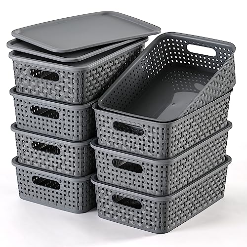 NETANY [ 8 Pack ] Plastic Storage Baskets With Lids, Small Pantry O...