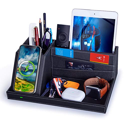 Nightstand Organizer with Wireless Charger, Faux Leather Nightstand...