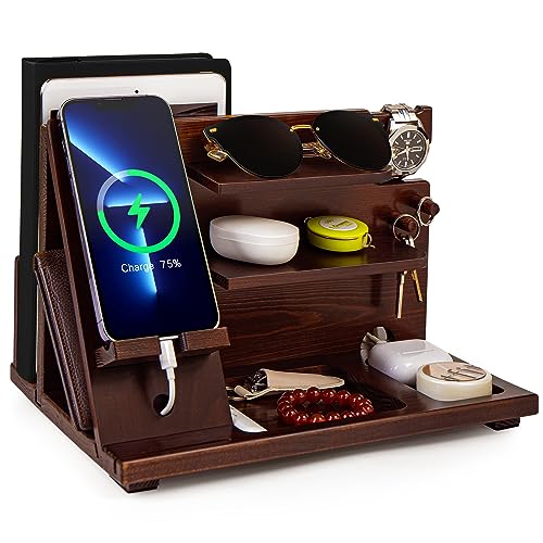Nightstand Organizer Wooden Docking Station Charging Phone Stand Ho...
