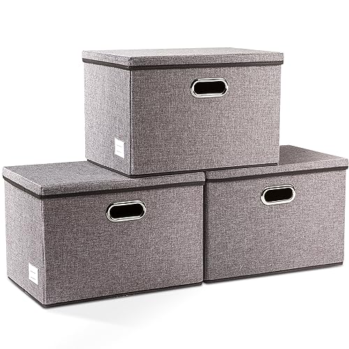 PRANDOM Large Collapsible Storage Bins with Lids [3-Pack] Linen Fab...