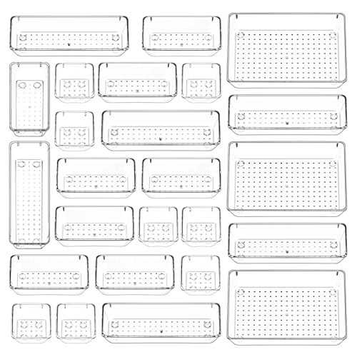 Puricon 25 Pcs Clear Desk Drawer Organizers Set, 4-Size Plastic Bed...