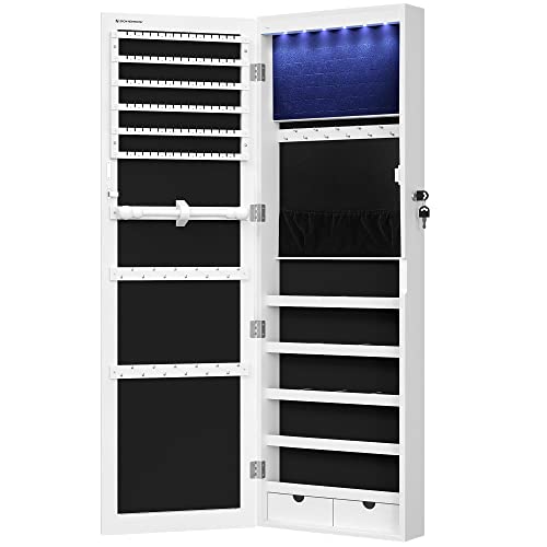 SONGMICS 6 LEDs Mirror Jewelry Cabinet, 47.2-Inch Tall Lockable Wal...