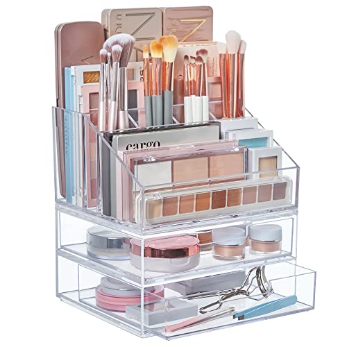 STORi Chloe Stackable Clear Makeup Holder and Double Organizer Draw...