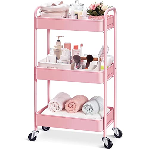 TOOLF 3-Tier Rolling Cart, Metal Utility Cart with Lockable Wheels,...