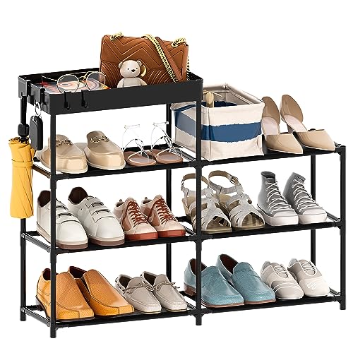 Vaasee 4 Tiers Shoe Rack Storage Organizer with Basket and 4 Hooks,...