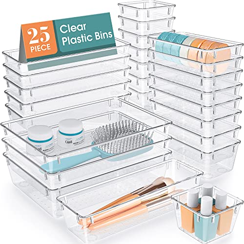 WOWBOX 25 PCS Clear Plastic Drawer Organizer Set, 4 Sizes Desk Draw...