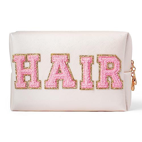 Y1tvei Preppy Patch HAIR Letter Cosmetic Toiletry Bag PU Leather Po...