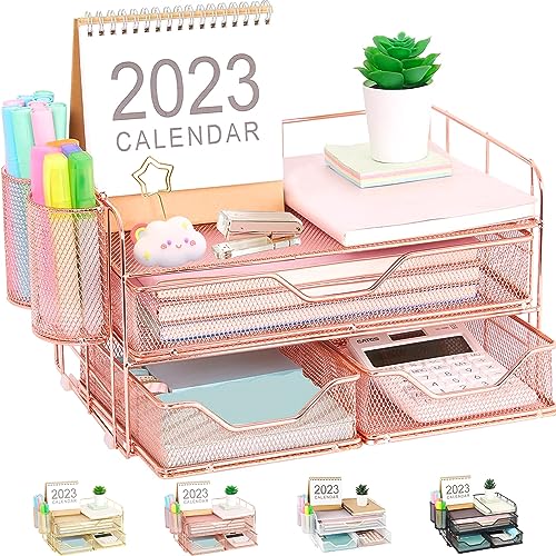 Youbetia Desk Organizer with 3 Drawers and 2 Pen Holders, Paper Org...