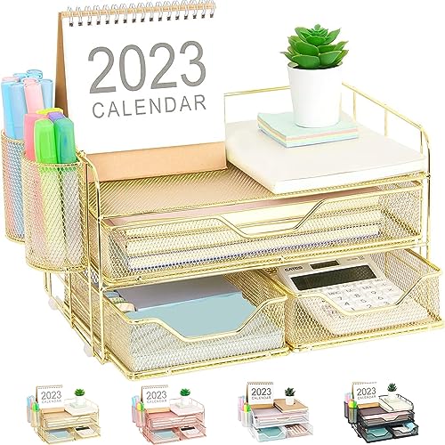 Youbetia Paper Organizer with 3 drawer and 2 pen holder, 2 Tier Let...