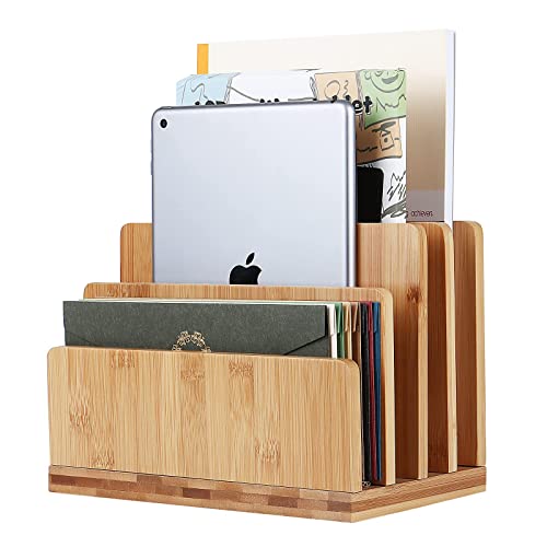 100% Bamboo Desk File Mail Organizer Countertop, 4 Slots Wood Deskt...