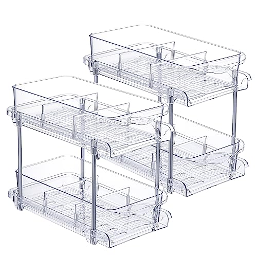 2 Set 2 Tier Clear Bathroom Storage Organizer with Dividers, Pull O...