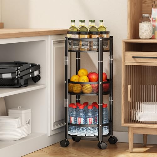 3 Tier Rolling Utility Cart with Wheels - Folding Storage Round Org...