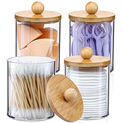 4 Pack Qtip Holder Dispenser with Bamboo Lids - 10 oz Clear Plastic...