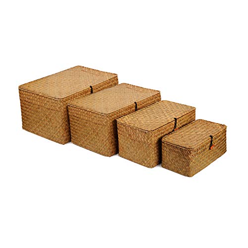 4 Pack, Wicker Baskets with Lids, Nautral Seagrass Storage Baskets,...