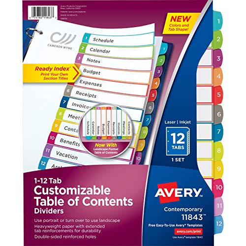 Avery 12 Tab Dividers for 3 Ring Binders, Customizable Table of Con...