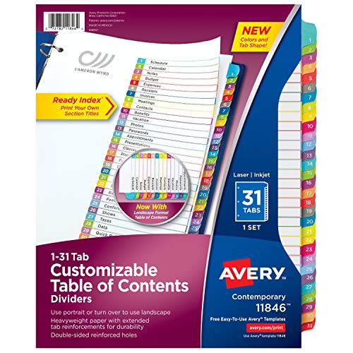 Avery 31-tab Dividers for 3 Ring Binders, Customizable Table of Con...