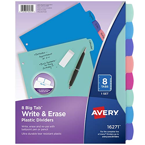 Avery Durable Plastic 8-Tab Write & Erase Big Tab Dividers for 3 Ri...