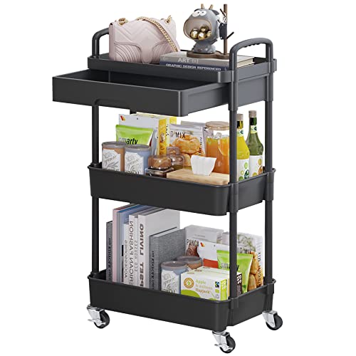 Calmootey 3-Tier Rolling Utility Cart with Drawer,Multifunctional S...
