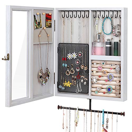 Keebofly Wall Mounted Jewelry Organizer With Rustic Wood Large Spac...