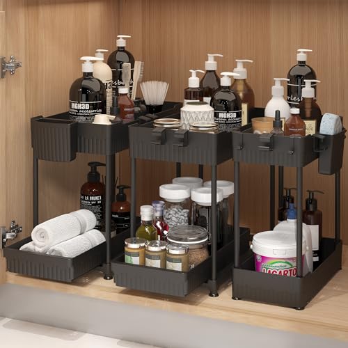 Sevenblue Under Sink Organizer, 3 Pack, 2-Tier with Sliding Drawer,...