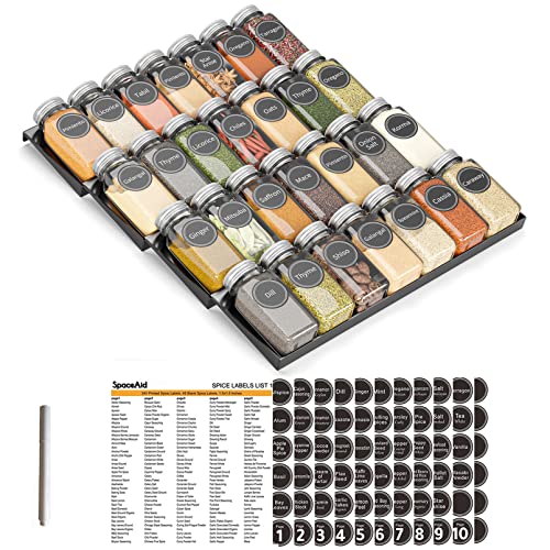 SpaceAid Glass Spice Drawer Organizer with 28 Spice Jars, 386 Label...