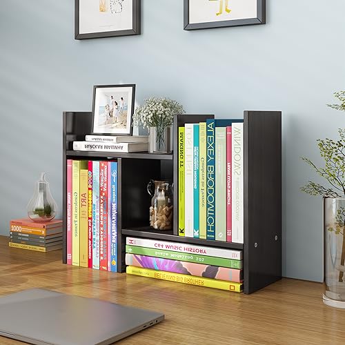 YSJILIDE Wood Adjustable Small Desktop Bookshelf, Expandable Deskto...