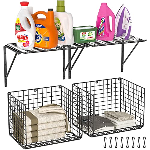 2 Pack Laundry Room Shelves Wall Mounted with Wire Baskets, Over th...