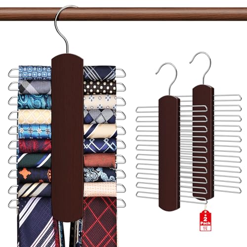 2 Pack Tie Rack for Closet, Premium Wooden Necktie Organizer Storag...