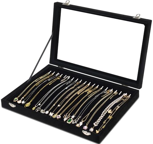Jenseits Necklace Organizer Box, Tray with Clear Lid, Velvet Dustpr...