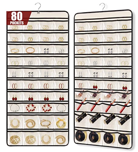 MISSLO 80 Pockets Hanging Jewelry Organizer Dual-Sided Earring Hold...