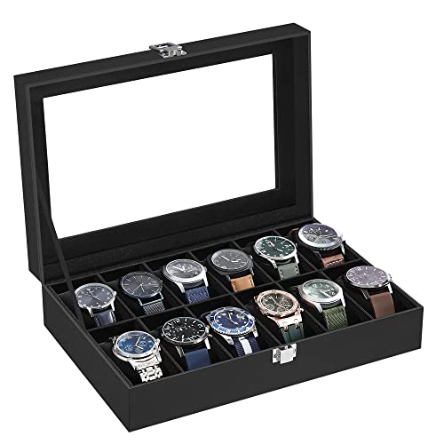 SONGMICS Watch Box, 12-Slot Watch Case with Large Glass Lid, Remova...