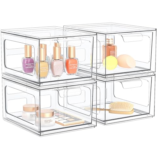 SpaceHacks 4 Pack Stackable Plastic Makeup Organizer Drawers, Acryl...