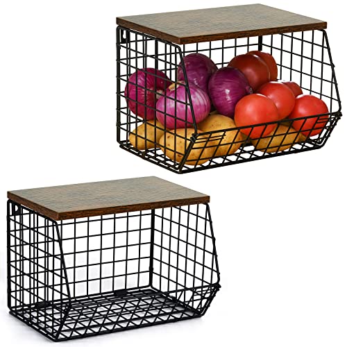 Wetheny 2pcs Fruit Basket Onion Storage Wire Basket with Wood Top- ...