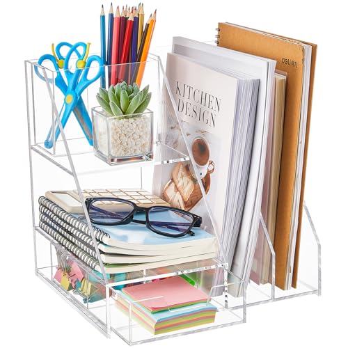 Yeaqee Acrylic Desk Organizer Set with File Holder 2 Tier Letter Tr...