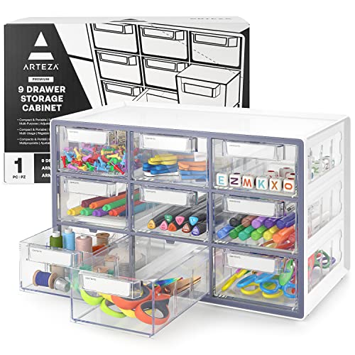Arteza 9 Drawer Storage Cabinet, 16.1 x 9.3 x 9.8 inches, White, Pl...
