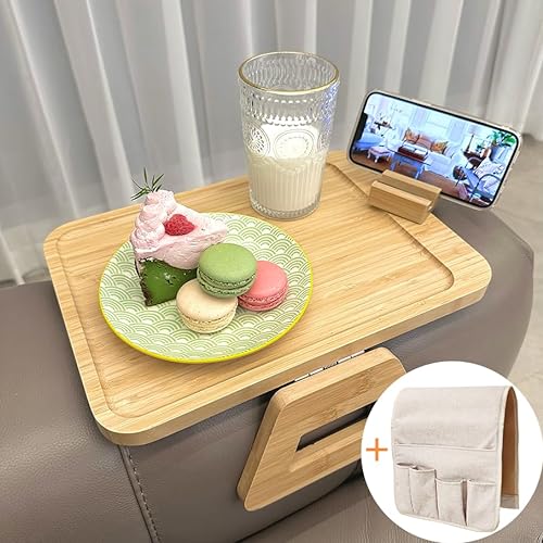 Batteo Couch Arm Tray with Phone Holder, Bamboo Sofa Clip and Armre...
