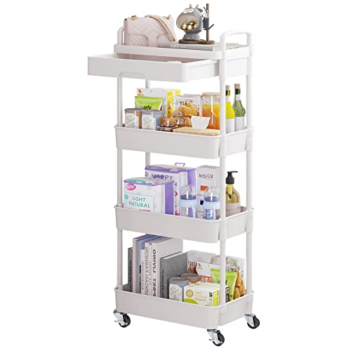 Calmootey 4-Tier Rolling Utility Cart with Drawer,Multifunctional S...