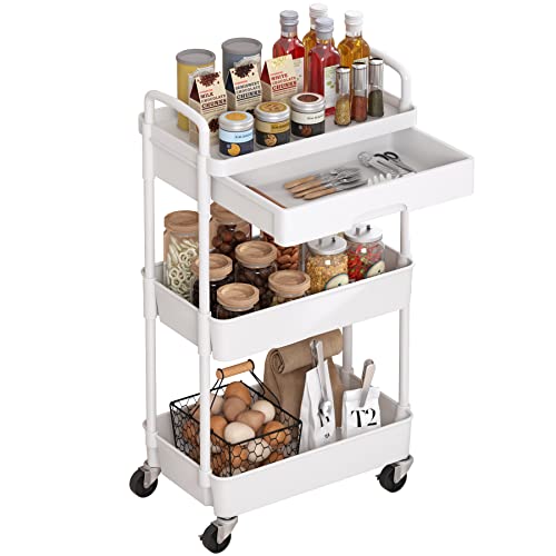 Dttwacoyh 3-Tier Rolling Cart，Trolley with Drawer, Multifunctiona...