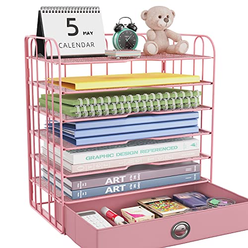 JAFUSI Paper Letter Tray Organizer with Drawer for Desk, 7 Tier Mes...