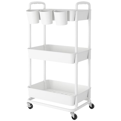 JIUYOTREE 3-Tier Plastic Rolling Storage Cart Utility Cart with Ext...