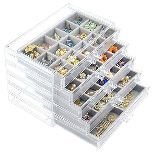 Watpot Acrylic Jewelry Box with 5 Drawers, Clear Earring Storage Or...